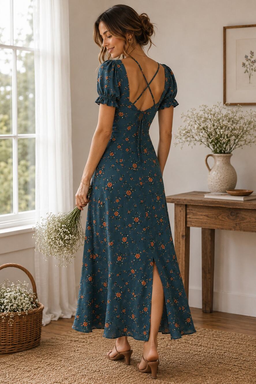 Milkmaid Teal Floral Dress Sz M Sweetheart Open Back Maxi Fairycore Cottagecore
